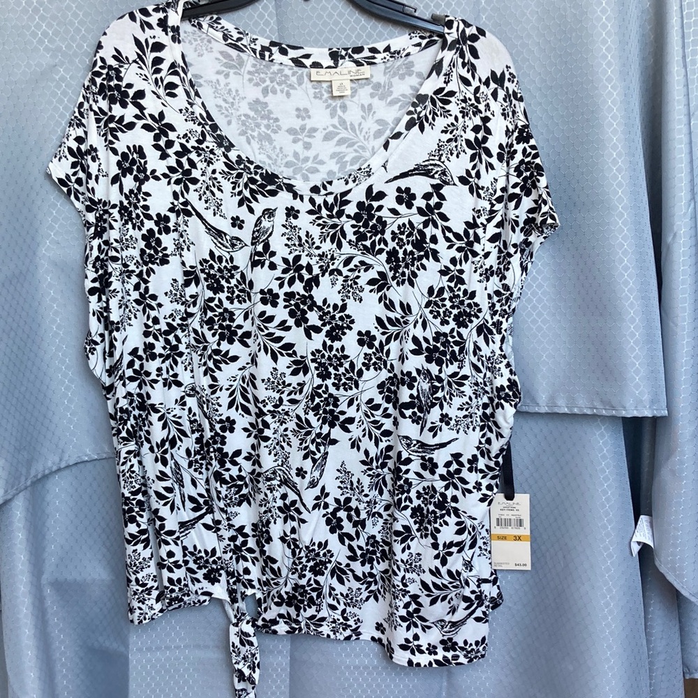Emaline bird and floral print pattern tie front top 3X